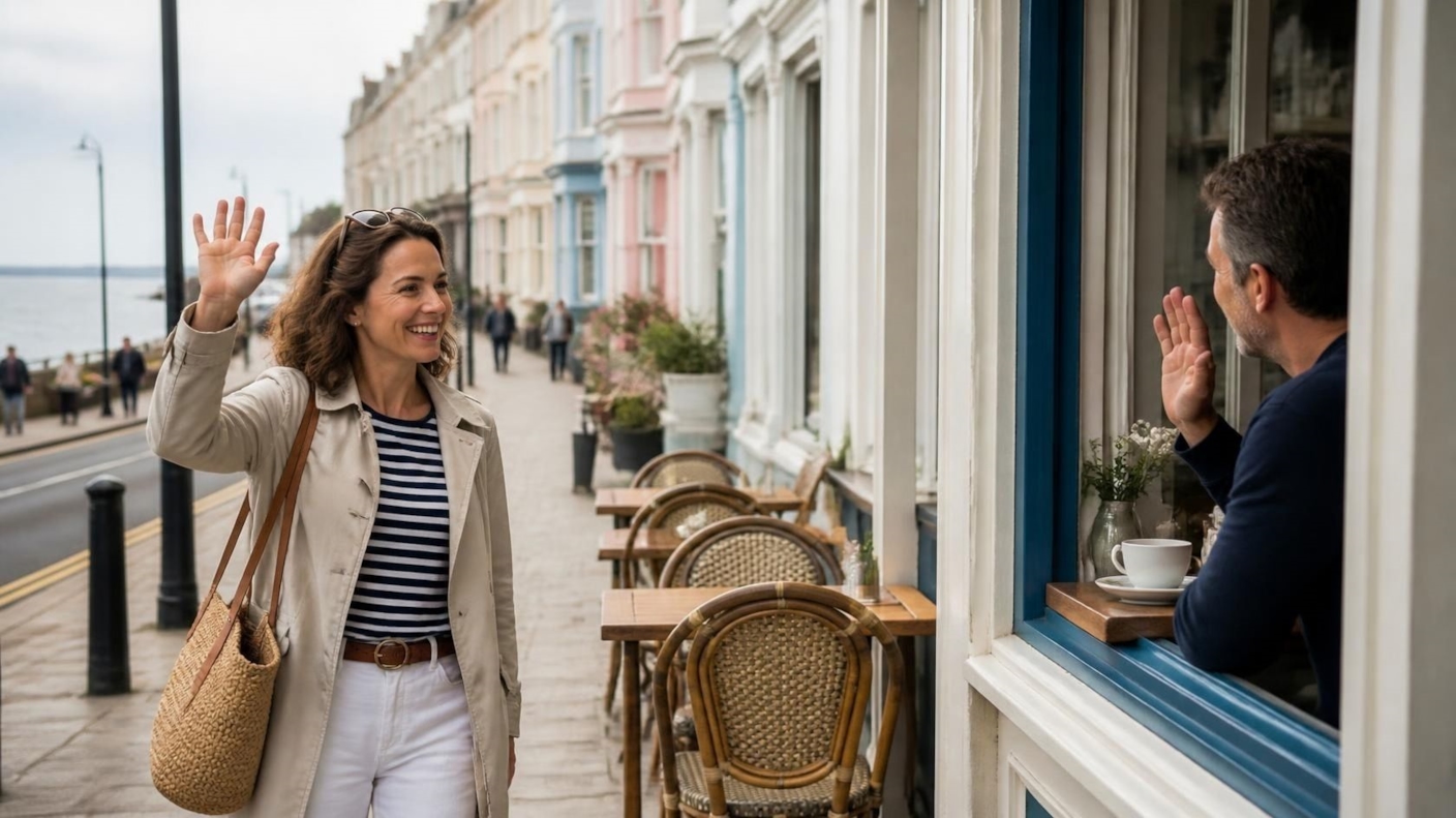 A woman waving hello on a seaside street while a man waves back from a café window