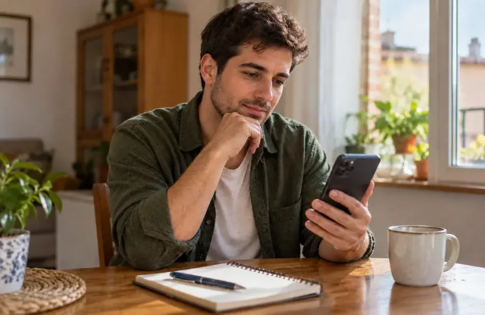 Hombre adulto revisando fotos en el móvil sentado a la mesa de casa, para crear su perfil