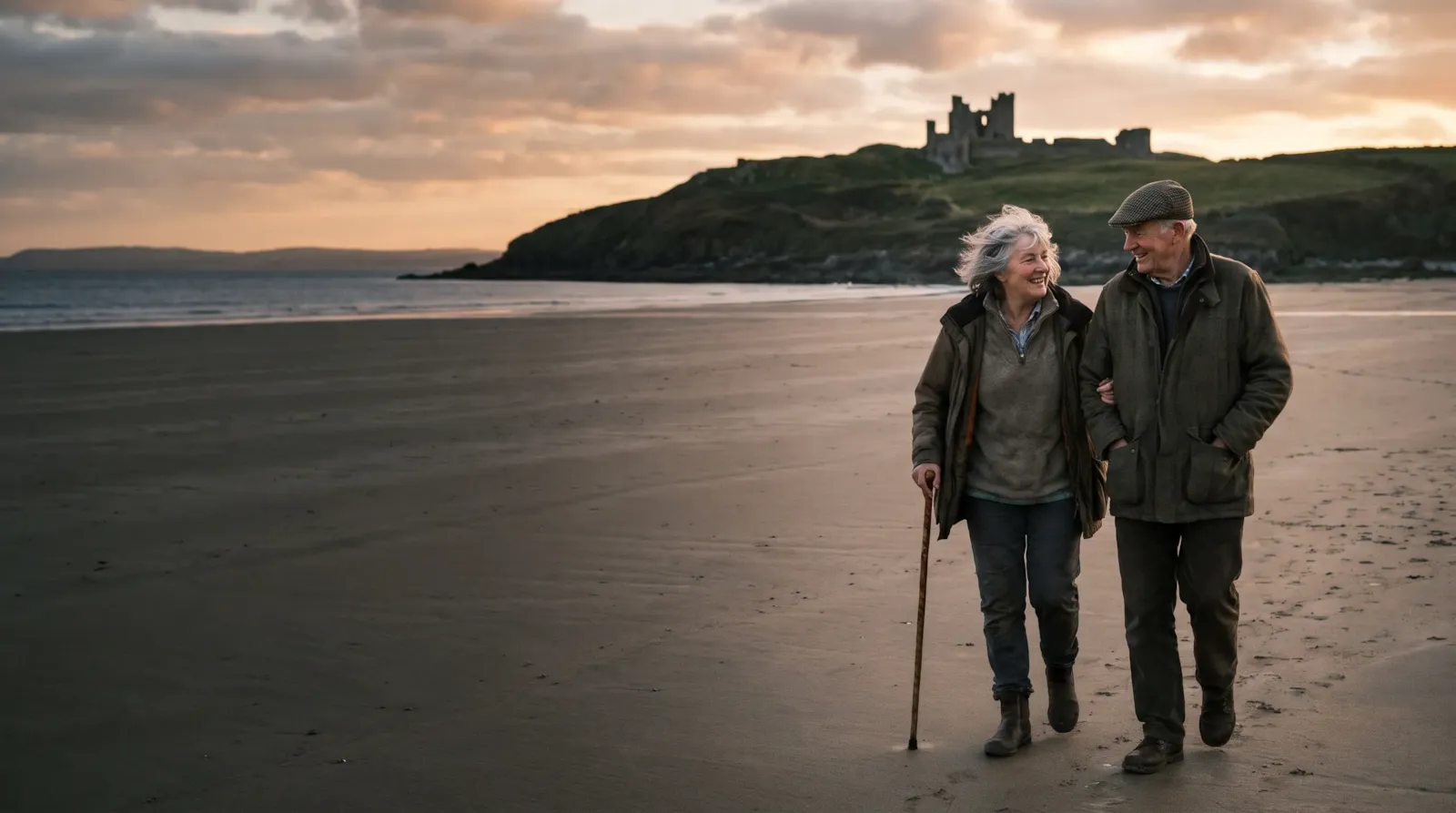 A couple walking on a Carmarthenshire beach at sunset below a castle ruin; the woman uses a walking stick