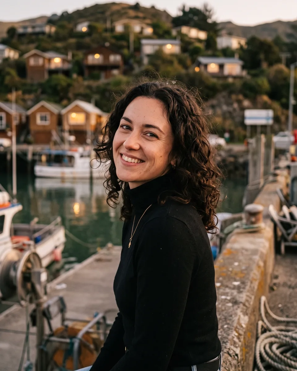 A woman with long dark curly hair in a black turtleneck sits on the harbour wall in Lyttelton at dusk, wooden houses glowing on the hillside behind her, and smiles at the camera (AI-generated image)