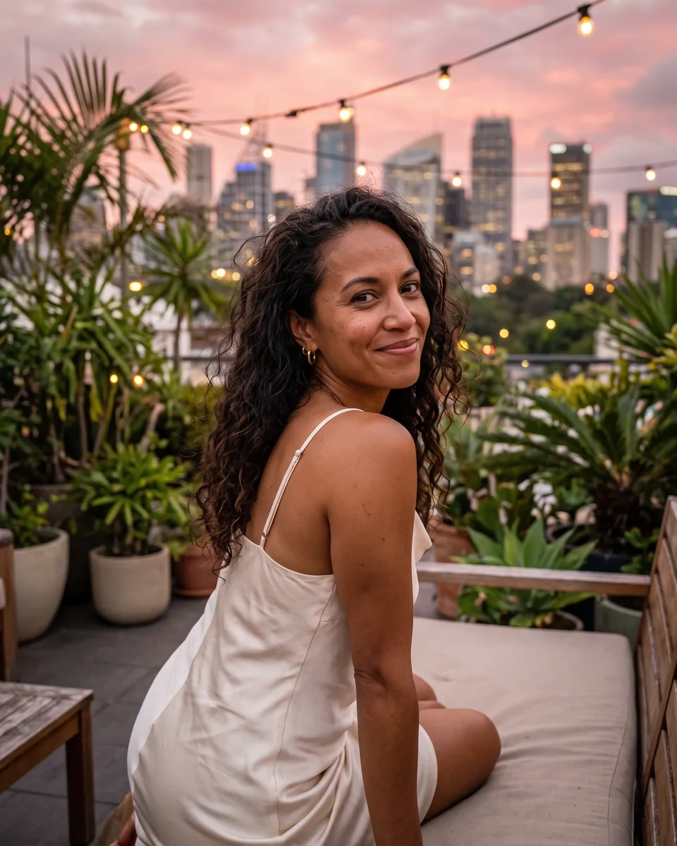 A woman with long dark curls and gold hoops in a cream satin slip dress smiles over her shoulder on a leafy rooftop terrace in Potts Point, Sydney, at dusk (AI-generated image)