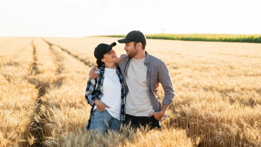 A couple standing close together in a field of ripe wheat, both in caps