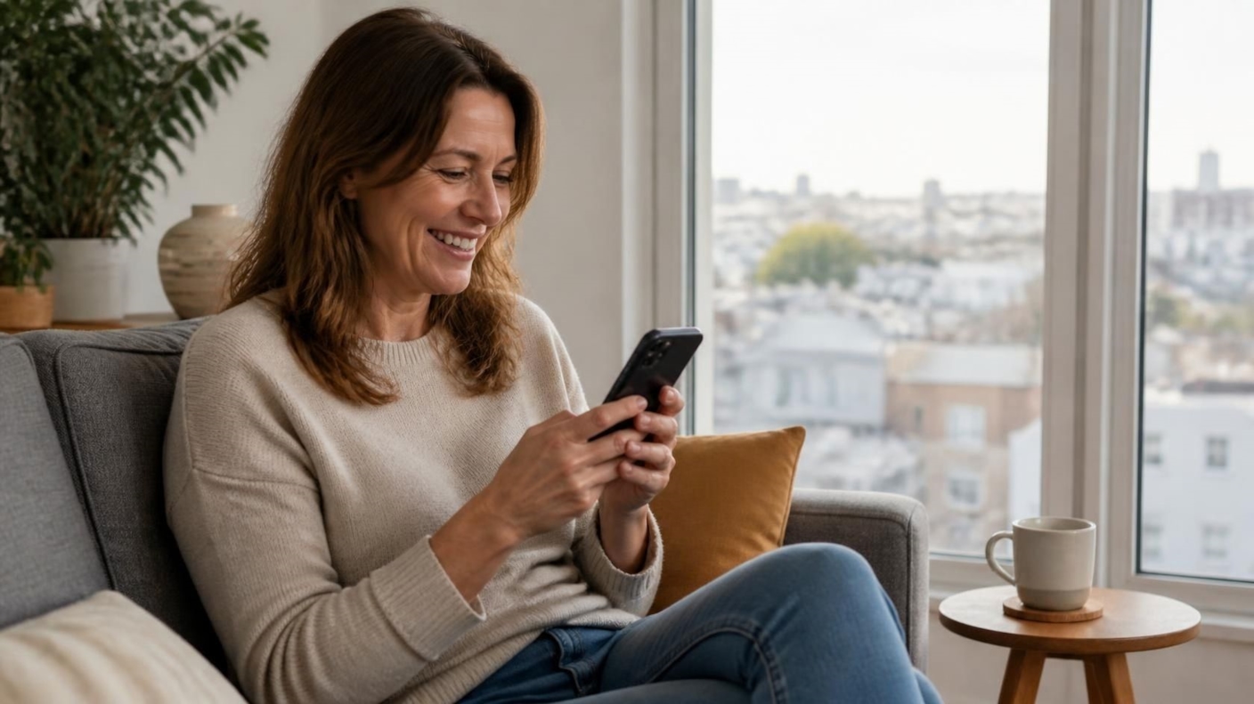 A woman smiling at her phone on a sofa by a bright window overlooking rooftops