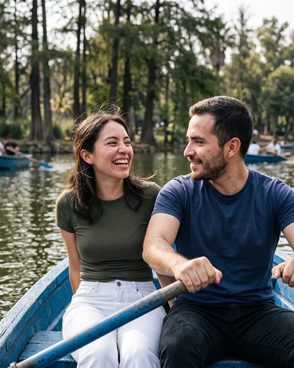 Una pareja joven pasea en una lancha azul de remos por el lago de Chapultepec; él rema y ella se ríe sentada enfrente (imagen generada por IA)