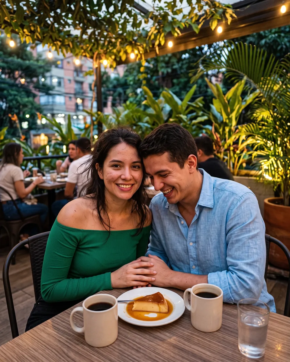 Una pareja sentada muy cerca en una terraza con plantas y luces cálidas de Medellín, con dos cafés y un postre sobre la mesa (imagen generada por IA)