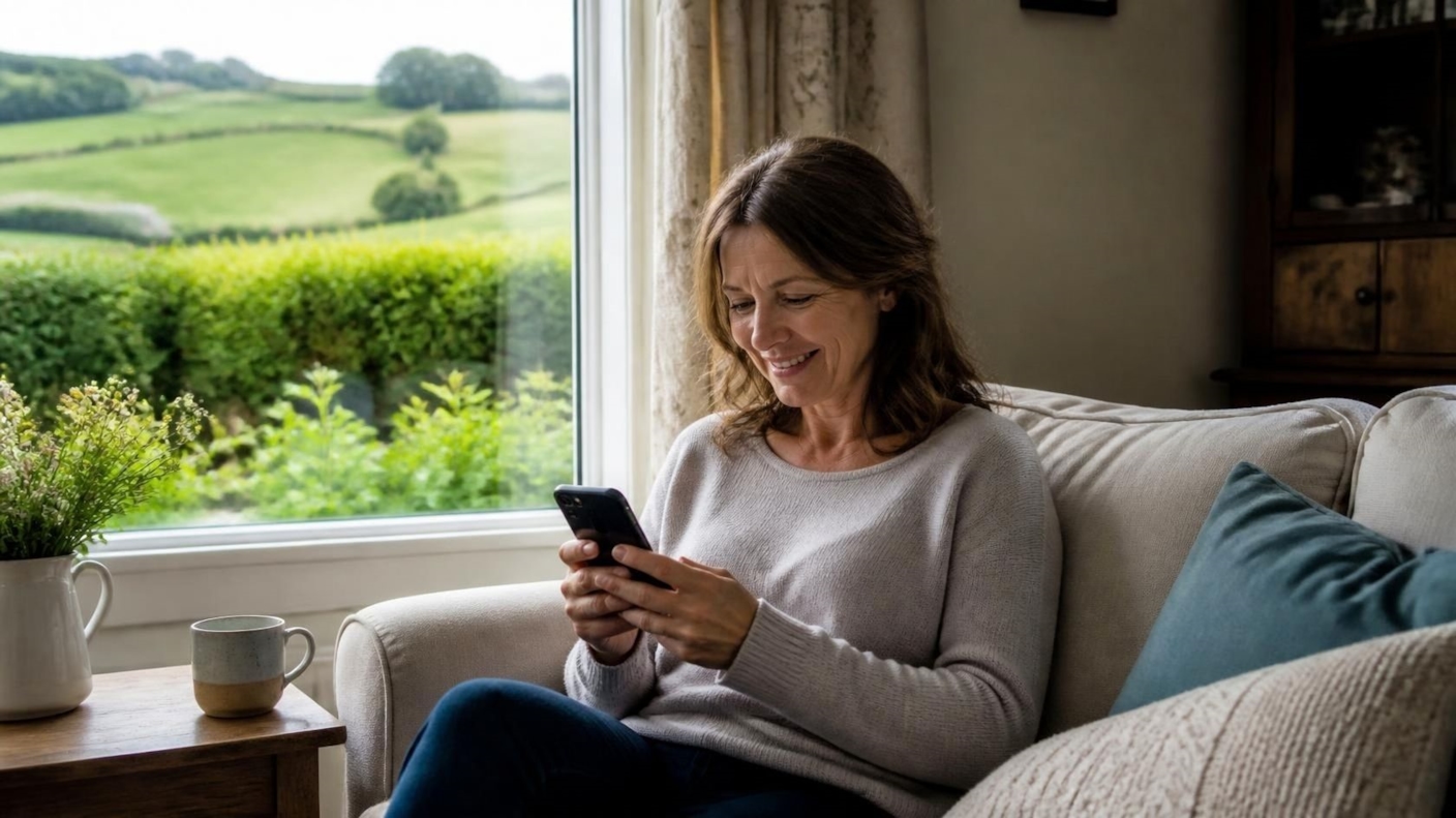 A woman smiling at her phone on a sofa by a bright window