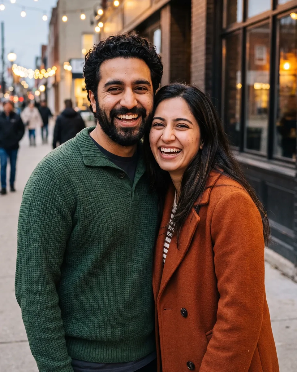 A laughing couple on a downtown Brampton sidewalk in front of a cosy pub's glowing windows (AI-generated image)