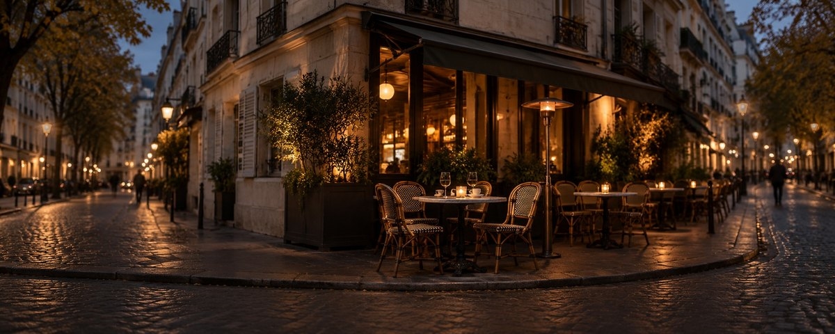 A corner cafe terrace with rattan chairs and small tables under an awning on a quiet street at dusk