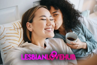 Two lesbian singles smiling and chatting after matching on Lesbian Love Hub.