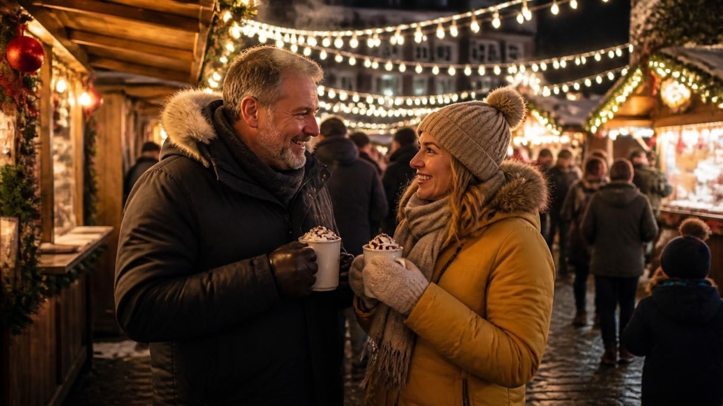 A couple holding mugs of hot chocolate at a Christmas market at dusk
