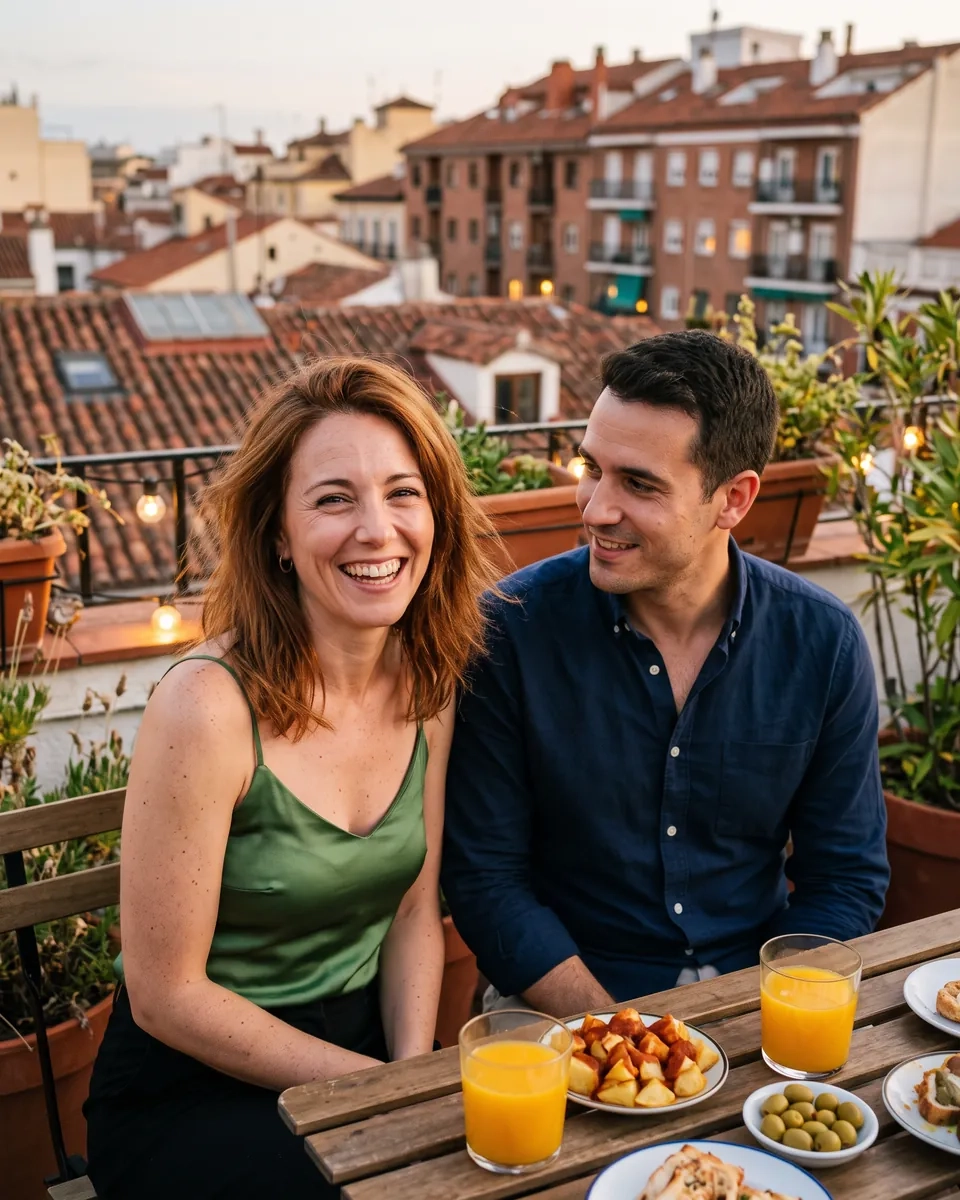 Una pareja se ríe en una azotea sobre los tejados de Chueca al atardecer, con tapas y zumo de naranja en la mesa (imagen generada por IA)