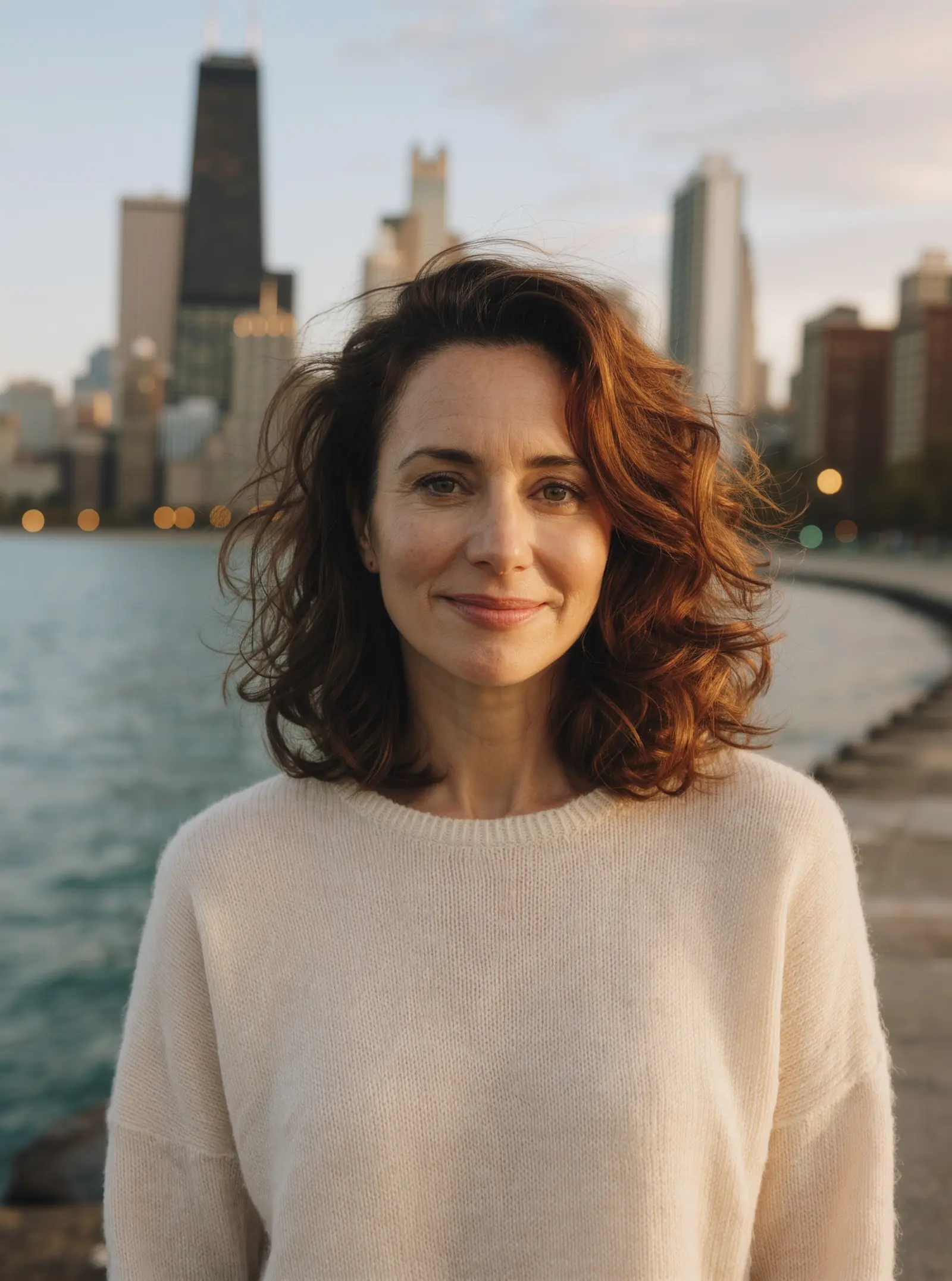A smiling woman with wavy auburn hair in a cream sweater by Lake Michigan, the Chicago skyline behind her