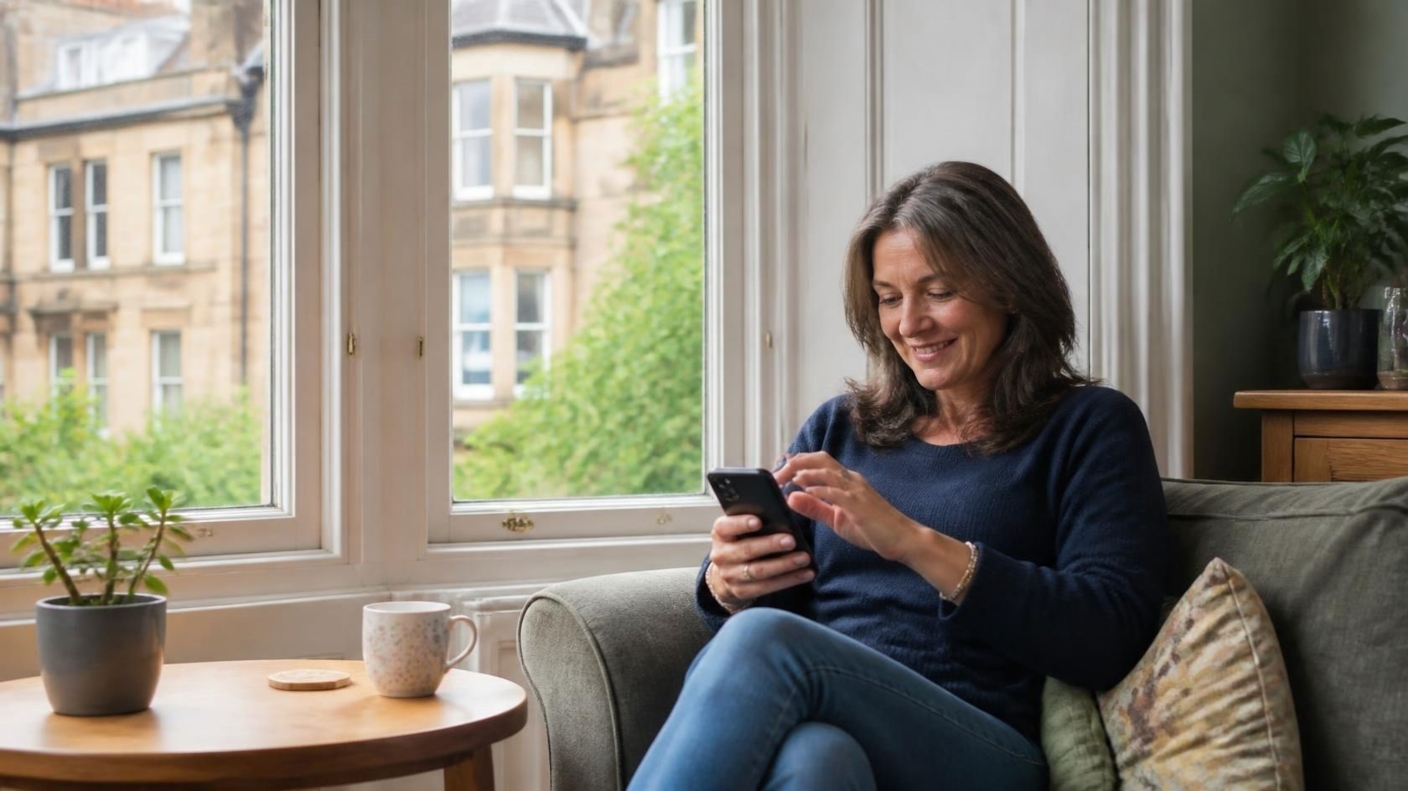 A woman smiling at her phone on a sofa by a bay window