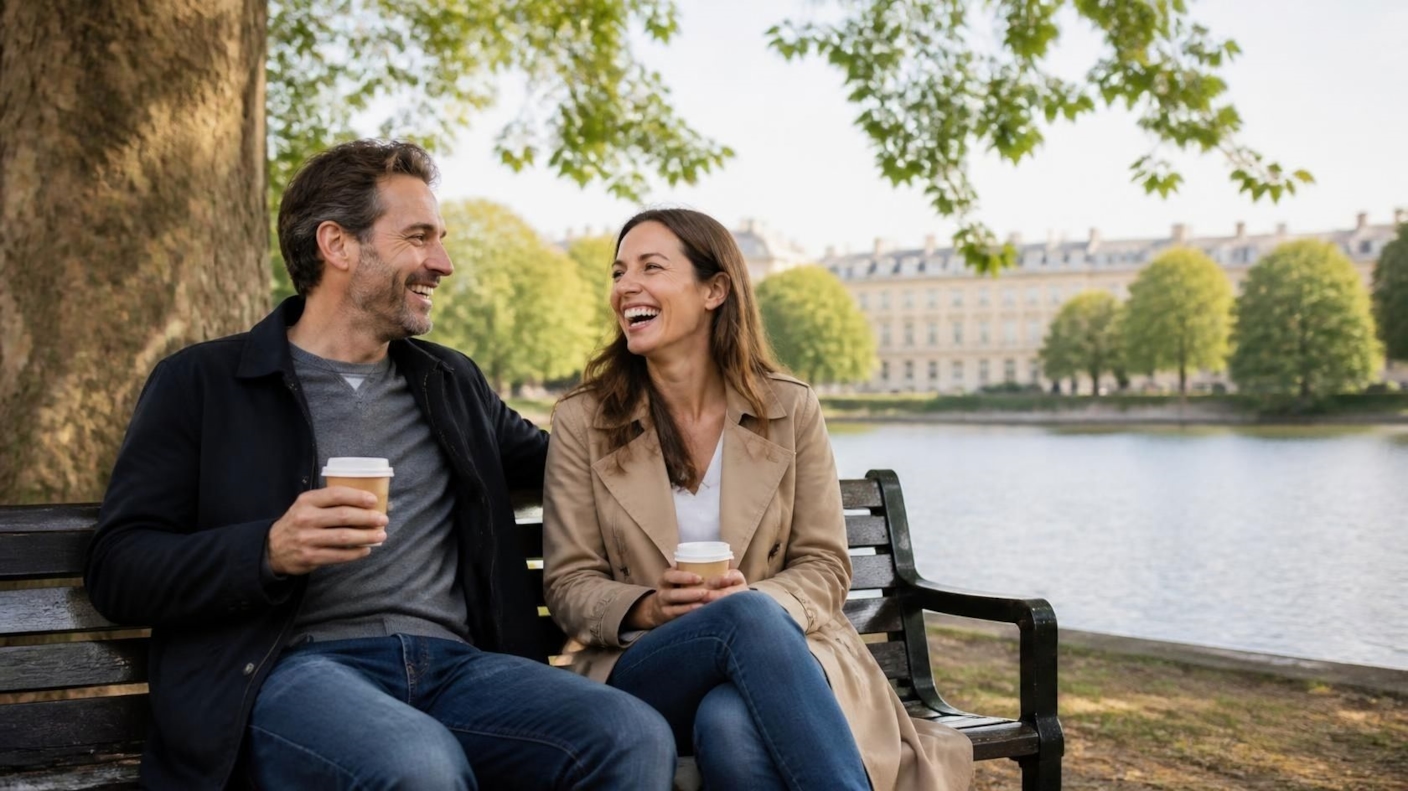 A couple sharing coffee and laughing on a park bench beside a lake