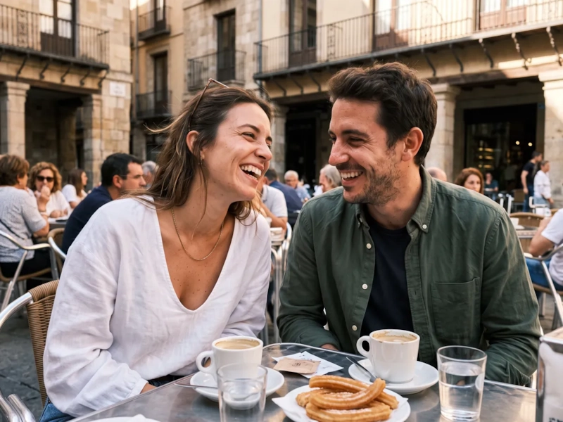 Un hombre y una mujer se ríen en una primera cita en la terraza de una plaza, con café y churros sobre la mesa (imagen generada por IA)