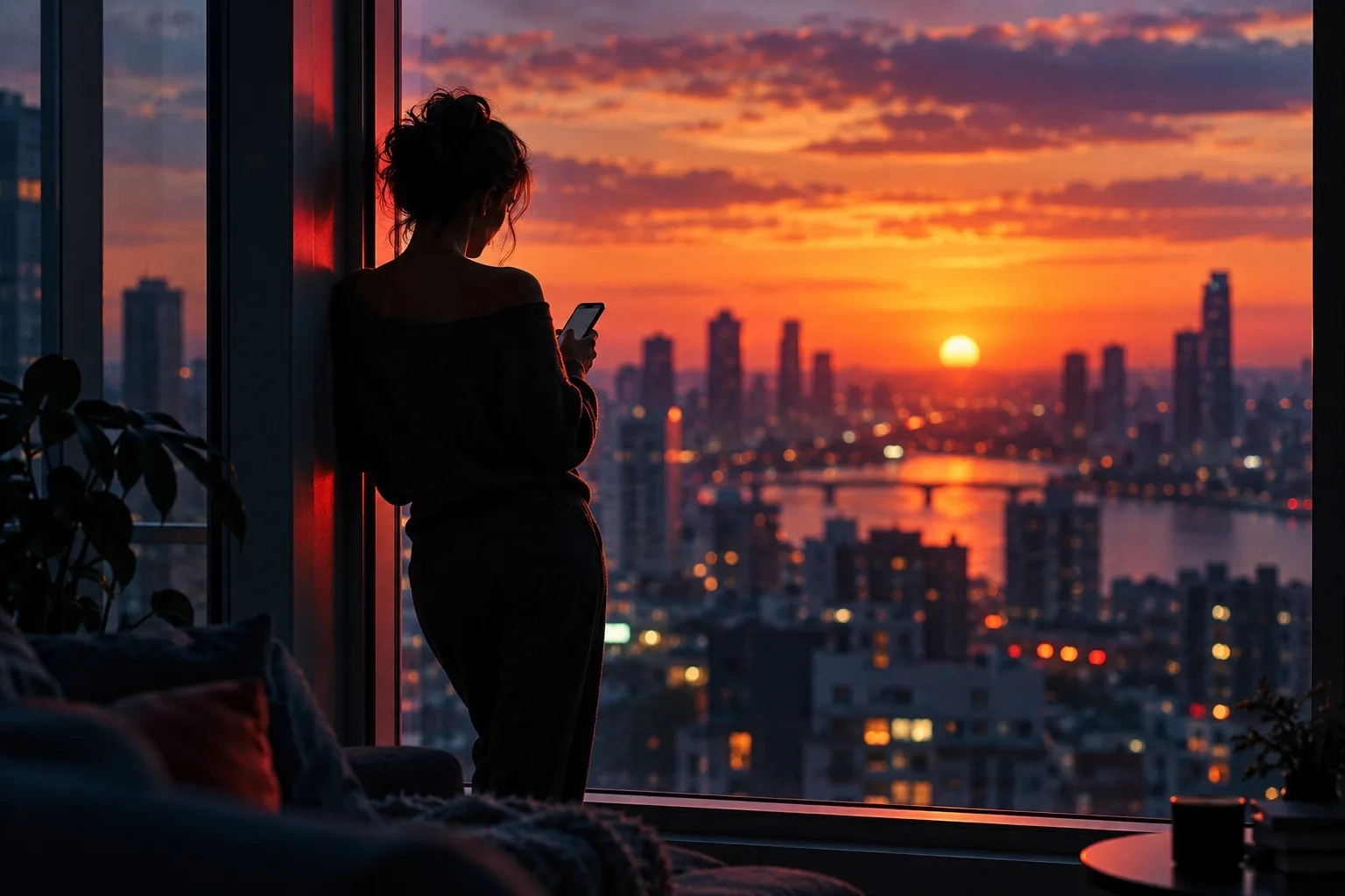 Un adulto de pie junto a un ventanal al atardecer, a contraluz, escribiendo en el teléfono