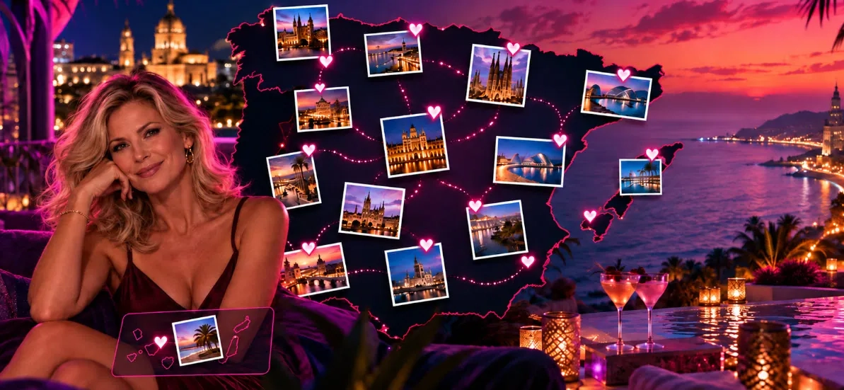 Mujer rubia sonriente en una terraza de noche junto a un mapa ilustrado de España con fotografías de ciudades unidas por corazones