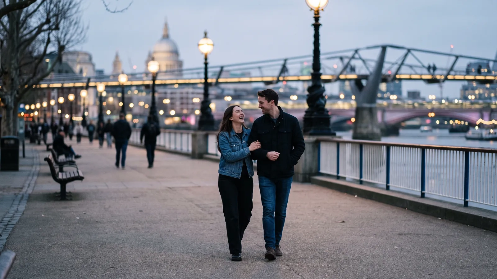 A couple walks arm in arm along the riverside walk by the Thames in London at dusk, a footbridge and a domed cathedral behind them (AI-generated image)