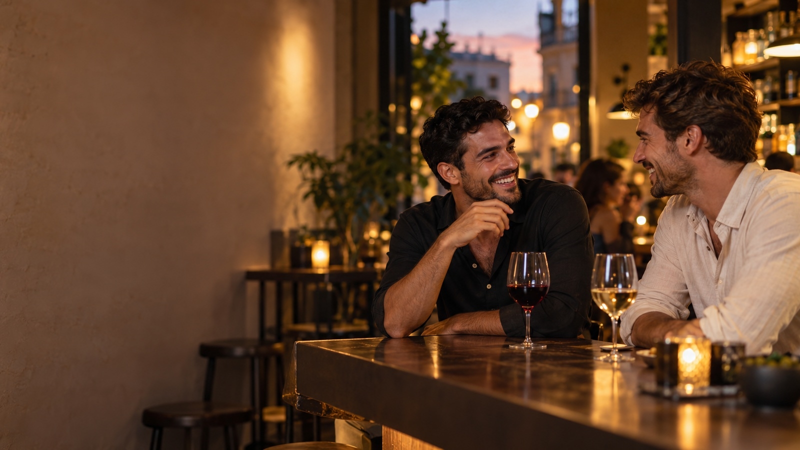 Dos hombres riendo juntos durante una cita en un bar al anochecer