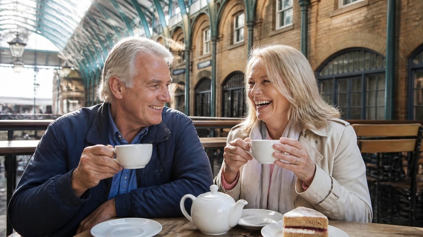 An older couple laughing over tea and cake in a covered market café