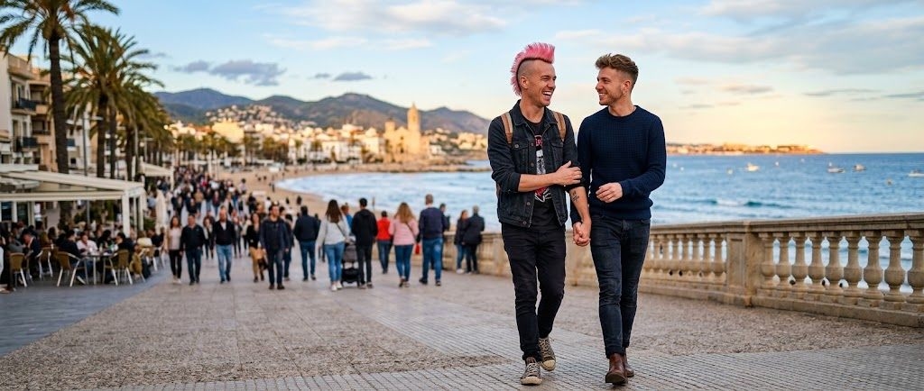 Una pareja de hombres pasea de la mano por el paseo marítimo de Sitges al atardecer
