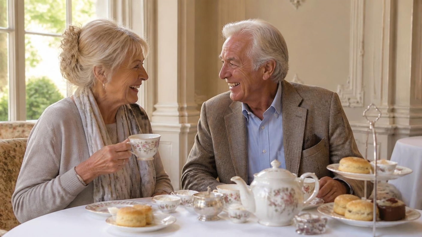 An older couple laughing over afternoon tea and scones in an elegant tearoom