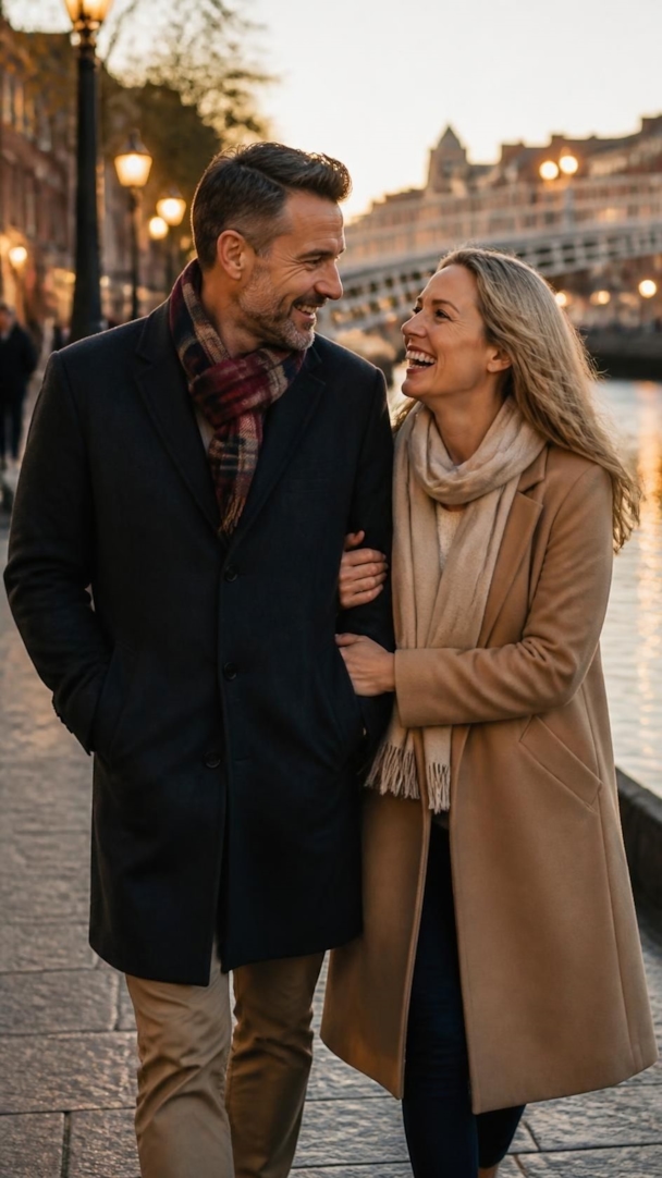 A couple laughing as they walk arm in arm along a riverside promenade