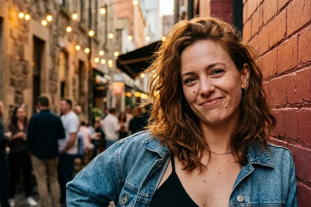 A woman with tousled auburn hair, a black camisole and a denim jacket leans against a red brick wall in a lane lit by string lights, with a relaxed crowd chatting behind her (AI-generated image)