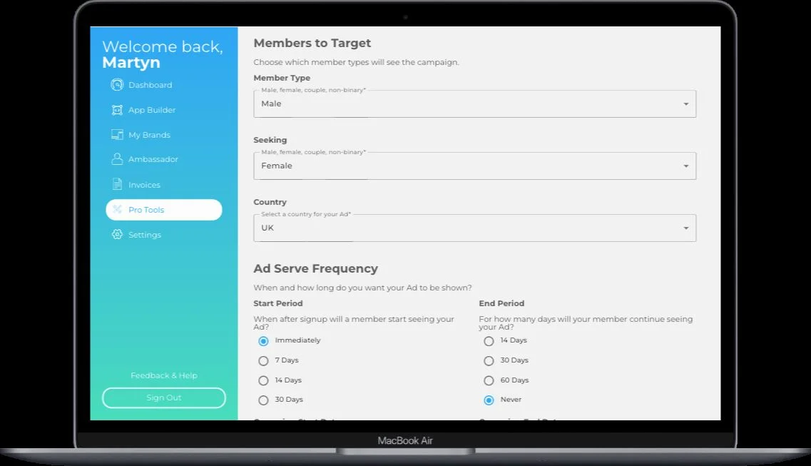 The Members to Target and Ad Serve sections of the campaign form, showing Member Type, Seeking and Country dropdowns above Start Period and End Period radio buttons.