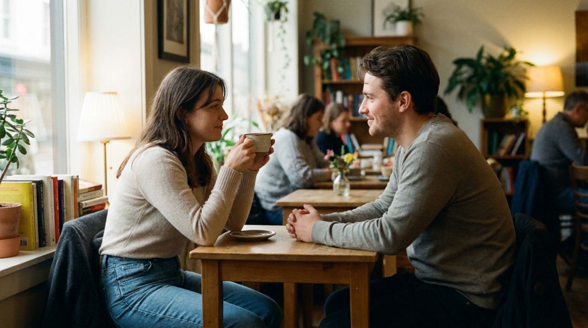 Two people sharing coffee at a sunlit cafe table, relaxed and engaged in conversation