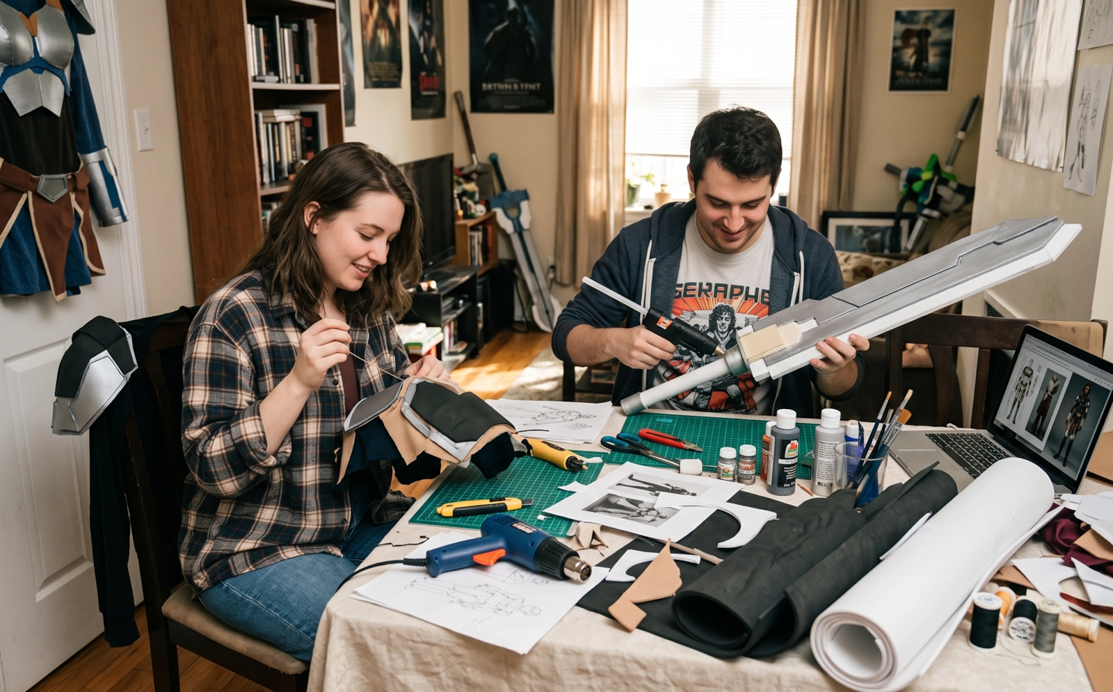Two people making costume armour and a prop sword at a craft table