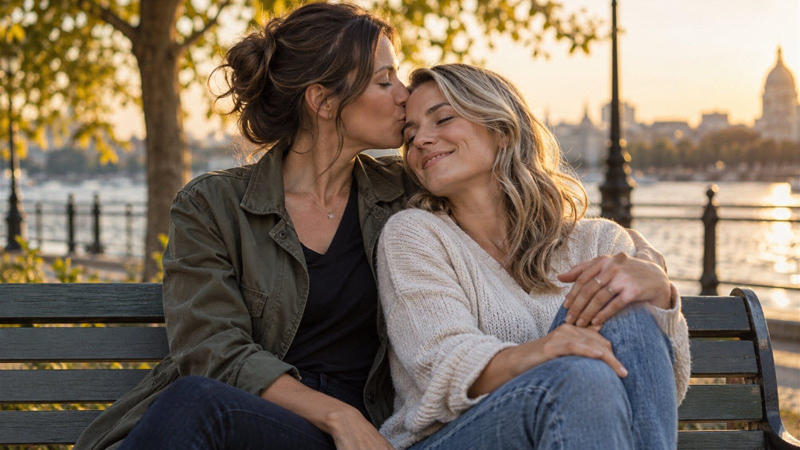 Pareja de mujeres abrazadas y felices en un banco junto al río al atardecer — relaciones serias lesbianas