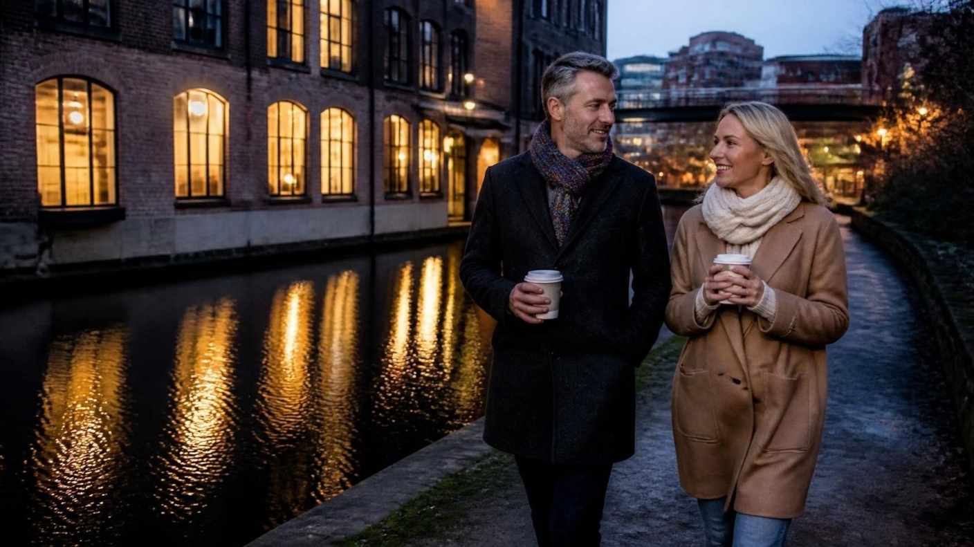 A couple in winter coats walking along a canal towpath at dusk