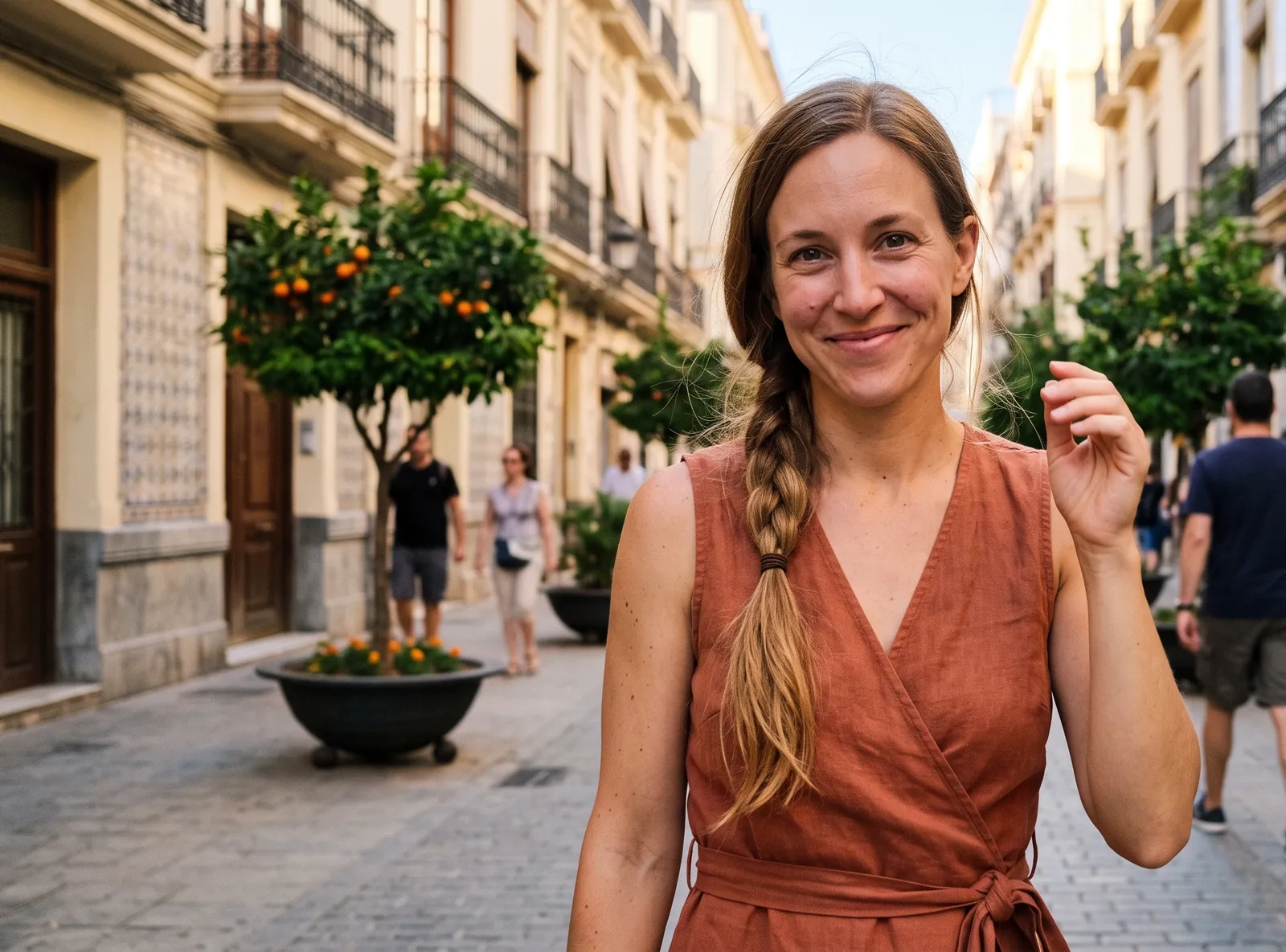Una mujer sonriente con trenza y vestido de lino teja en una calle peatonal de Russafa, en Valencia, con naranjos y balcones de hierro (imagen generada por IA)