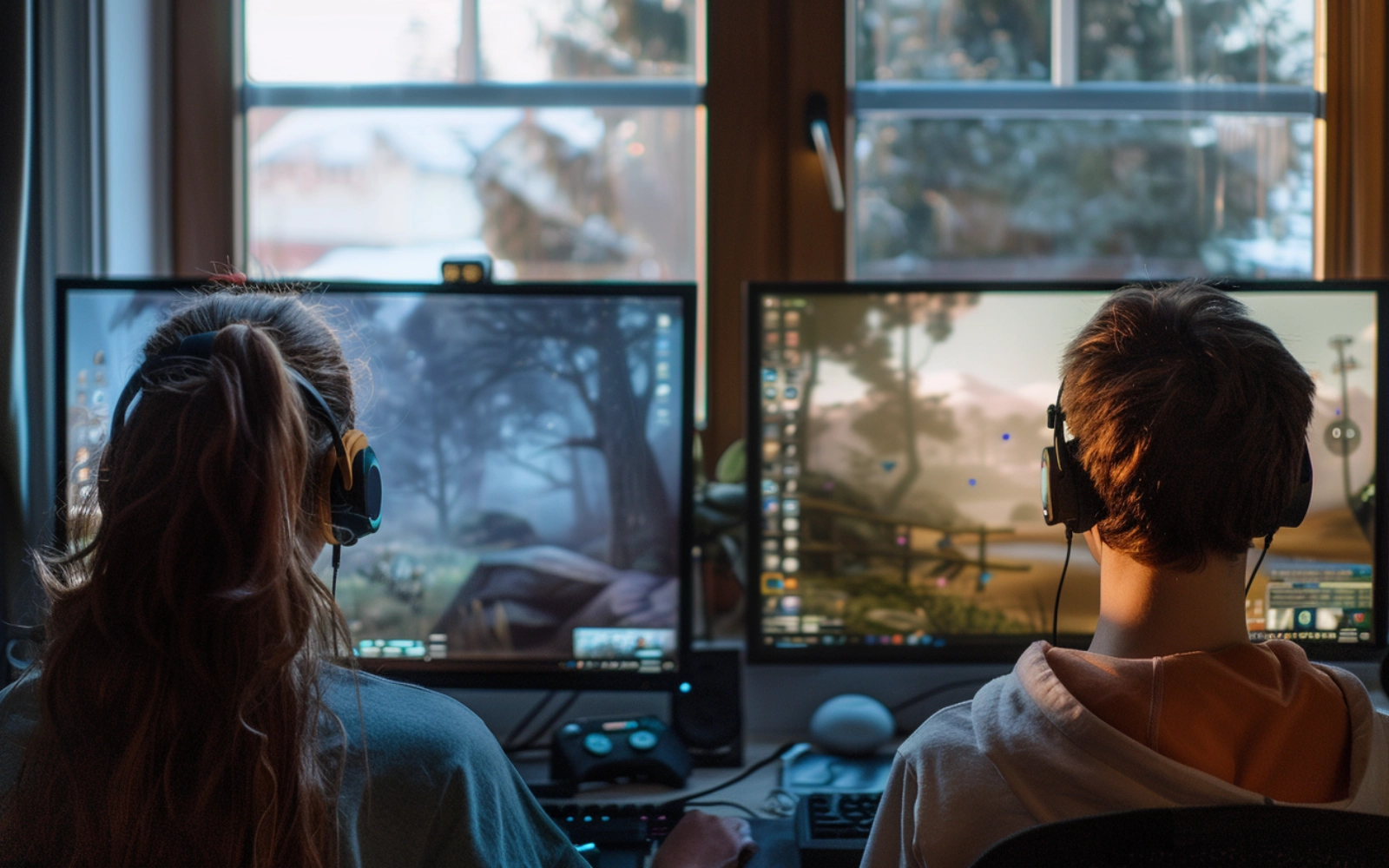 Two gamers in headsets seen from behind at monitors showing a forest game scene