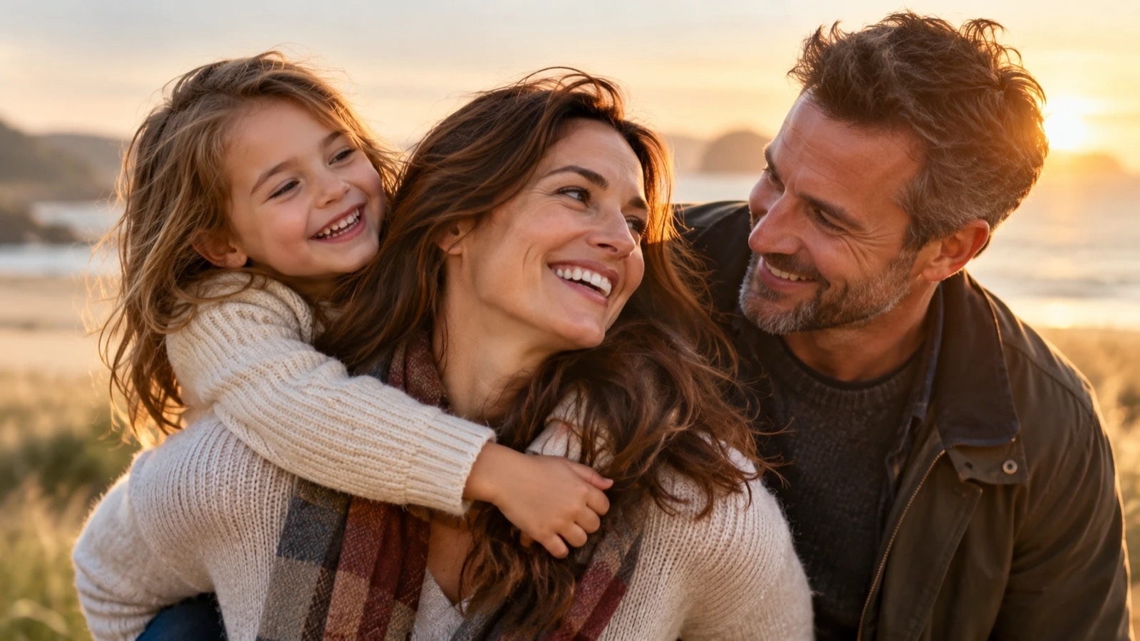 A laughing mum carrying her young daughter on her back, with a smiling man beside them on a beach at sunset
