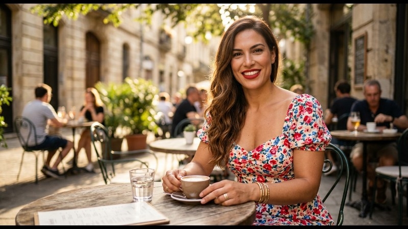 A confident person in feminine attire at a cafe