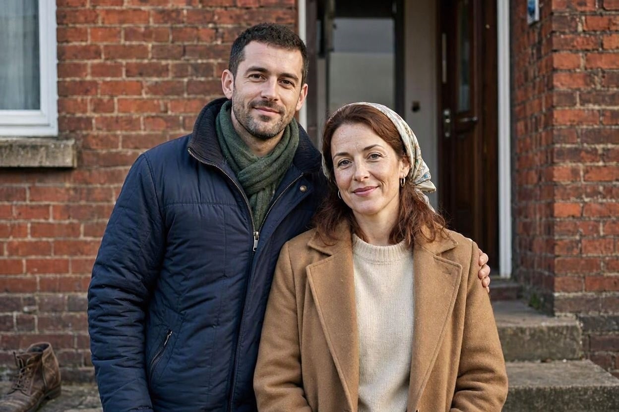 A smiling couple sharing a relaxed moment