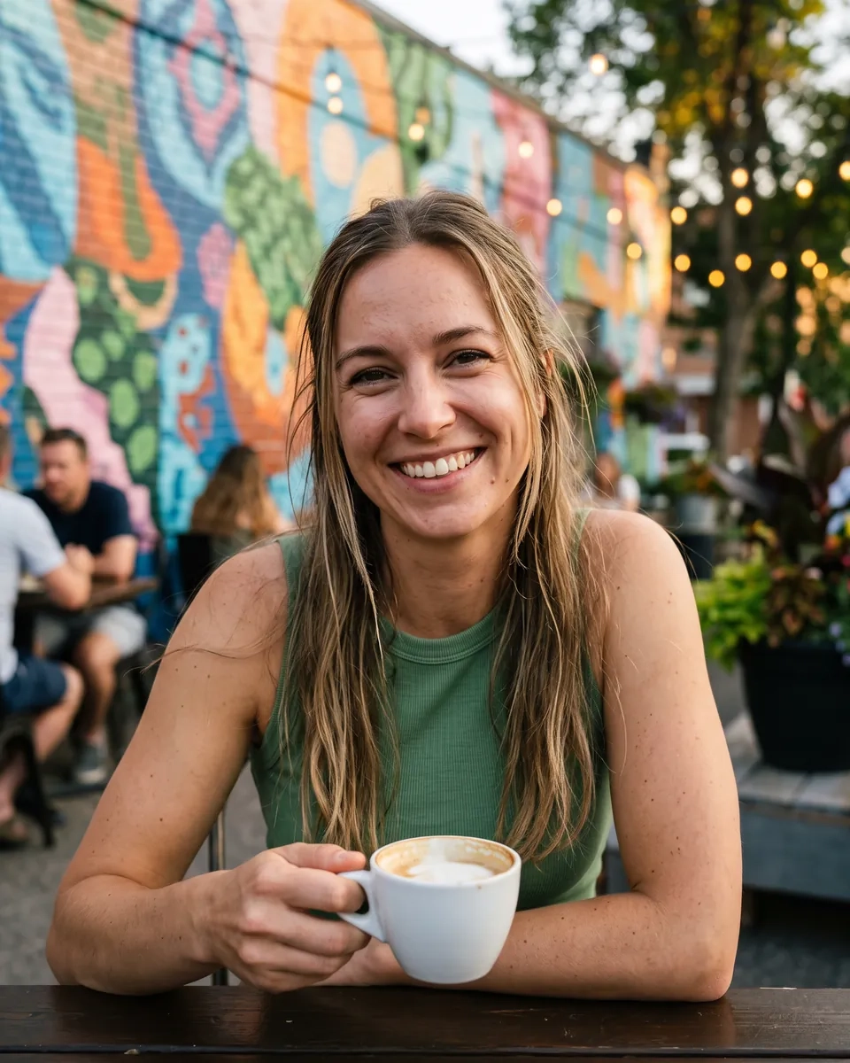 A smiling woman with a cappuccino on a summer patio in front of a colourful mural on Calgary's 17th Avenue SW (AI-generated image)