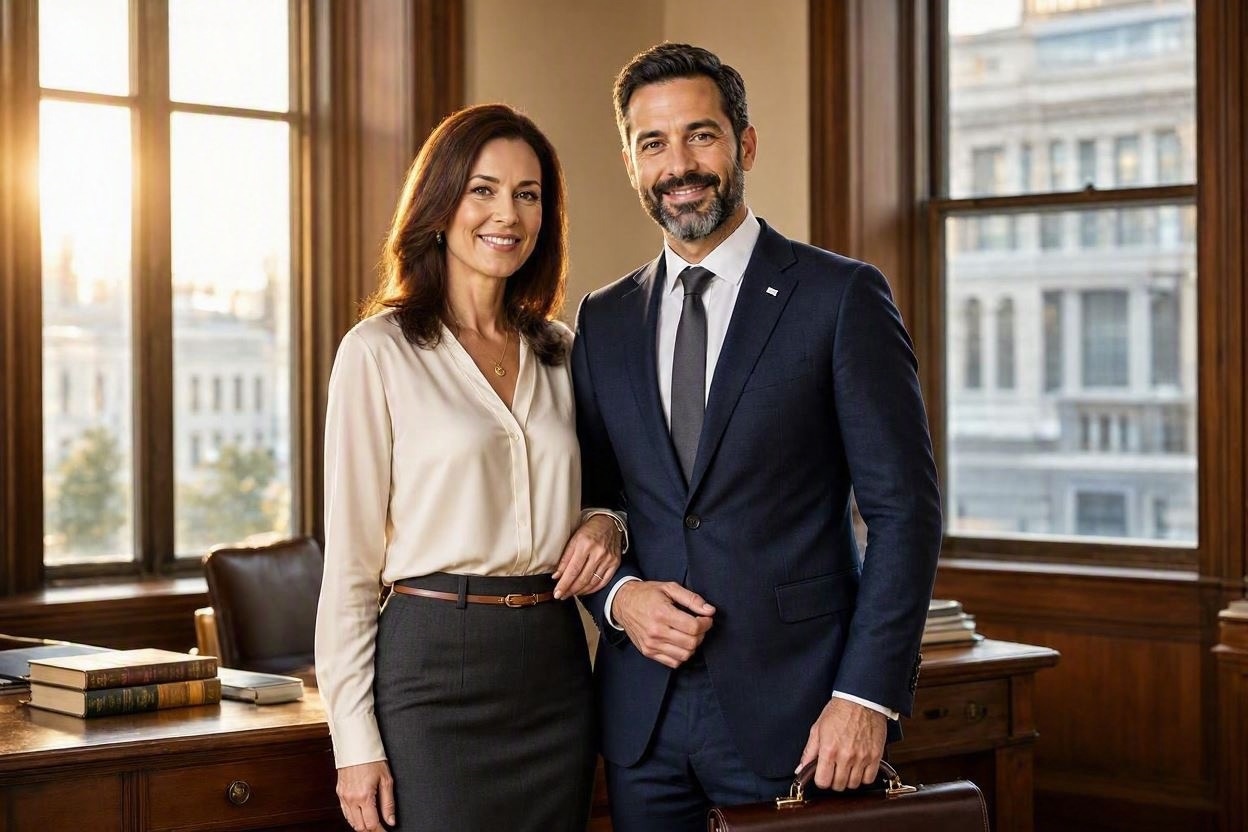 Illustrative photograph of two professionally dressed adults in an office setting