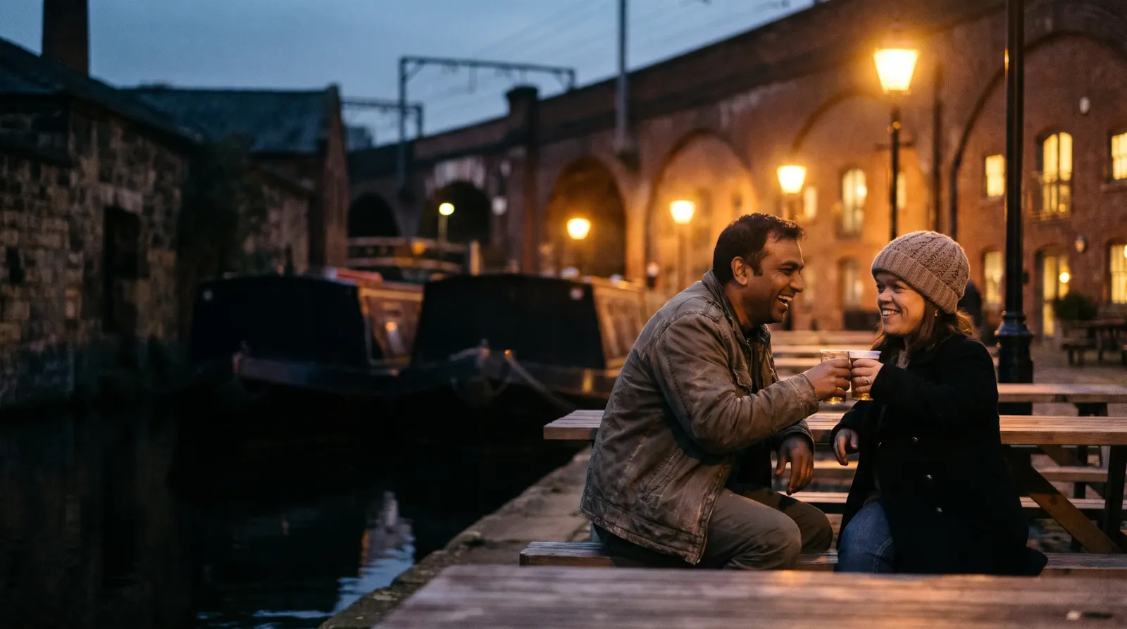 A couple sharing a drink at a waterside table at Castlefield in Manchester, under the old railway viaducts