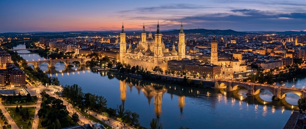 Basílica del Pilar y el río Ebro en Zaragoza al anochecer — encuentros gays en Zaragoza