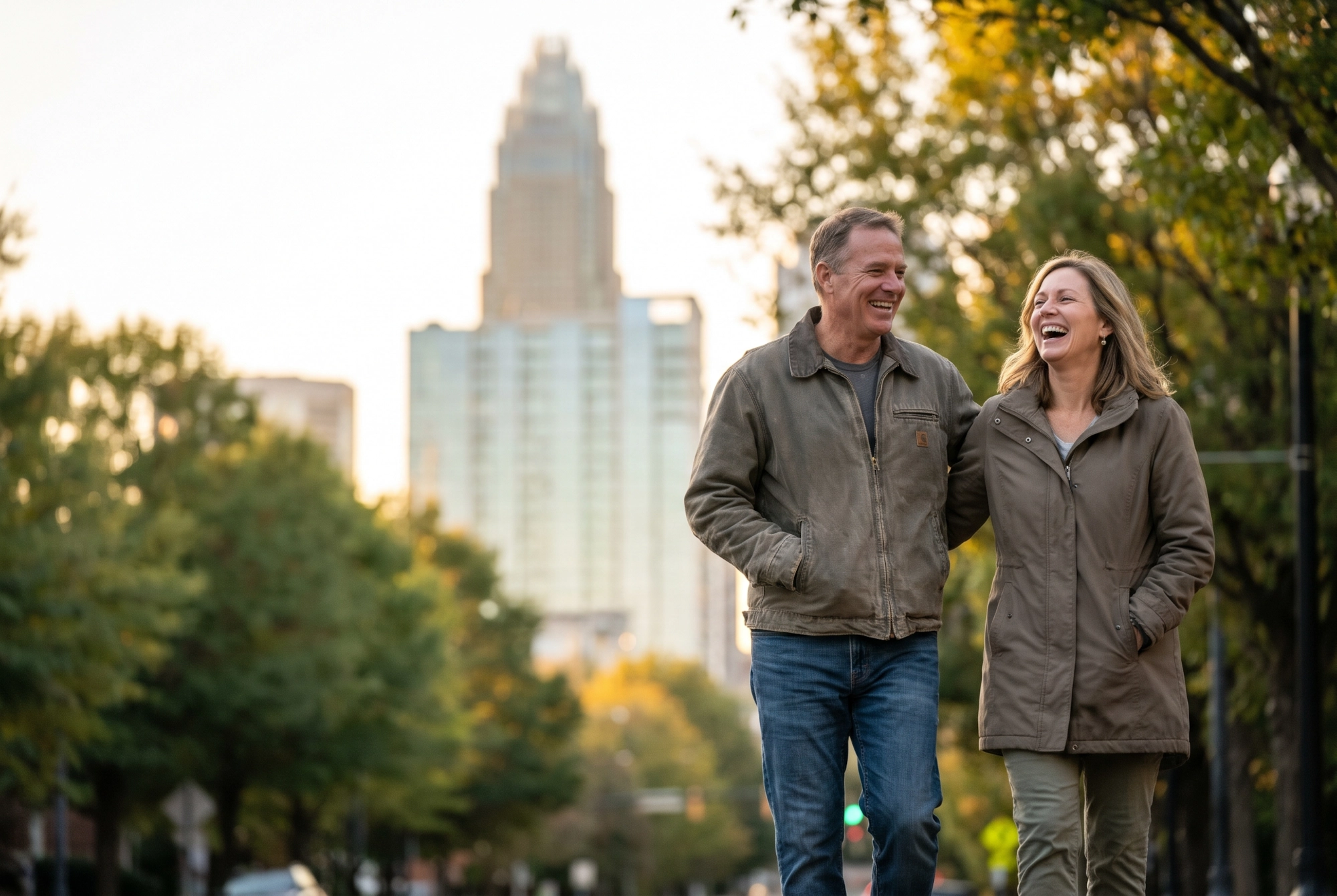 A happy couple laughing together in an Uptown Charlotte park with the skyline and the Bank of America tower behind them