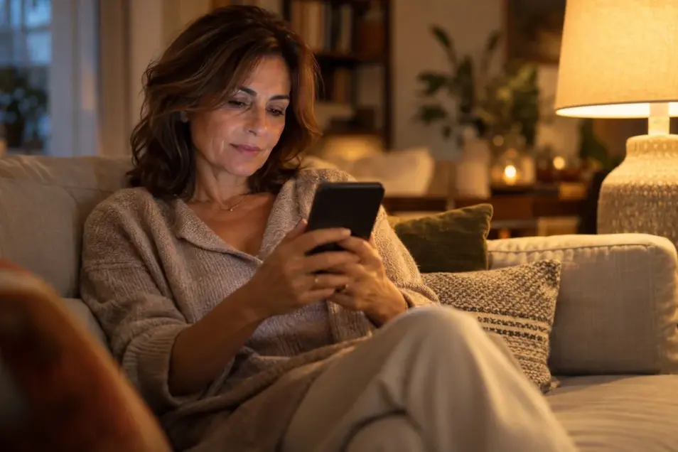 Privacidad en citas online: mujer adulta leyendo mensajes en el móvil, sentada en el sofá de su salón con la luz de una lámpara