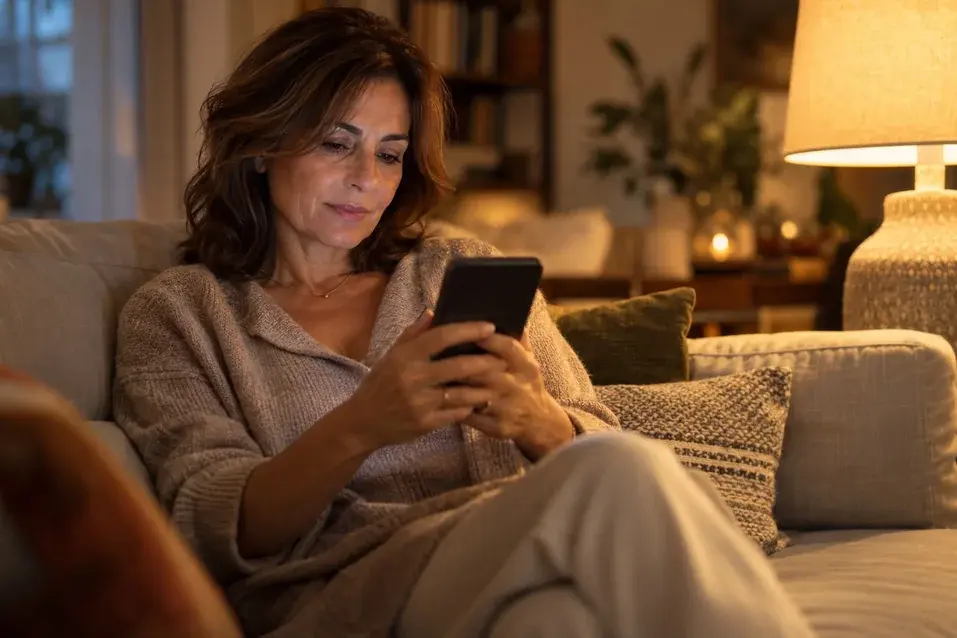 Privacidad en citas online: mujer adulta leyendo mensajes en el móvil, sentada en el sofá de su salón con la luz de una lámpara