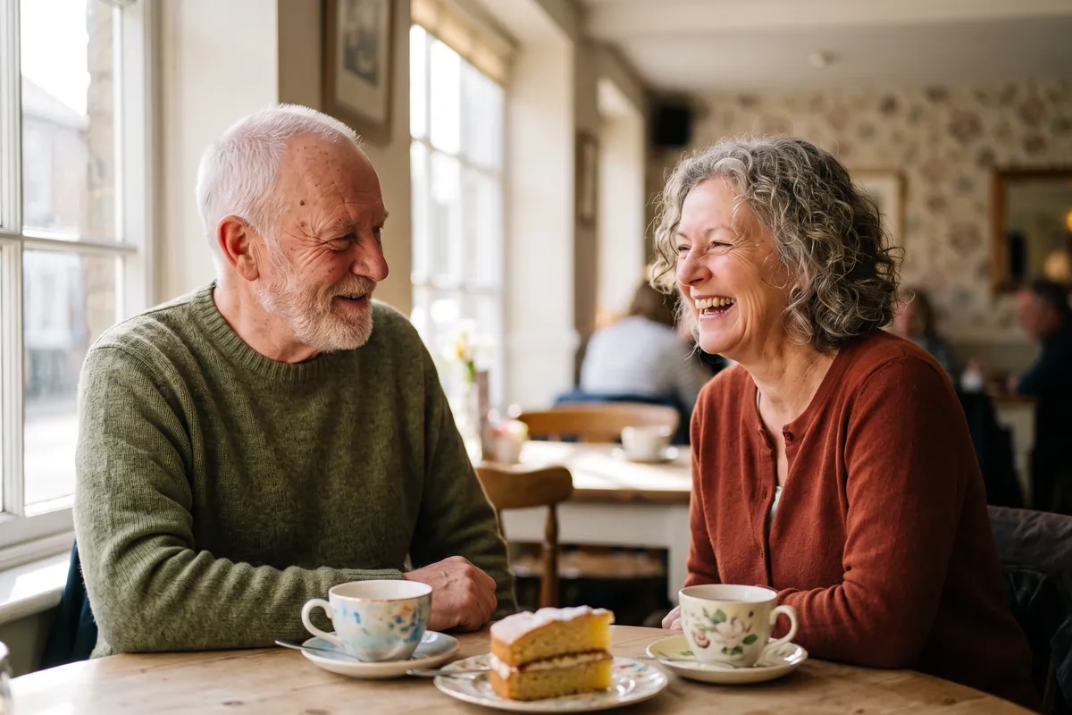 A man in his late sixties with a white beard and a woman in her mid sixties with curly grey hair laugh together over tea and cake at the window table of a small tea room (AI-generated image)