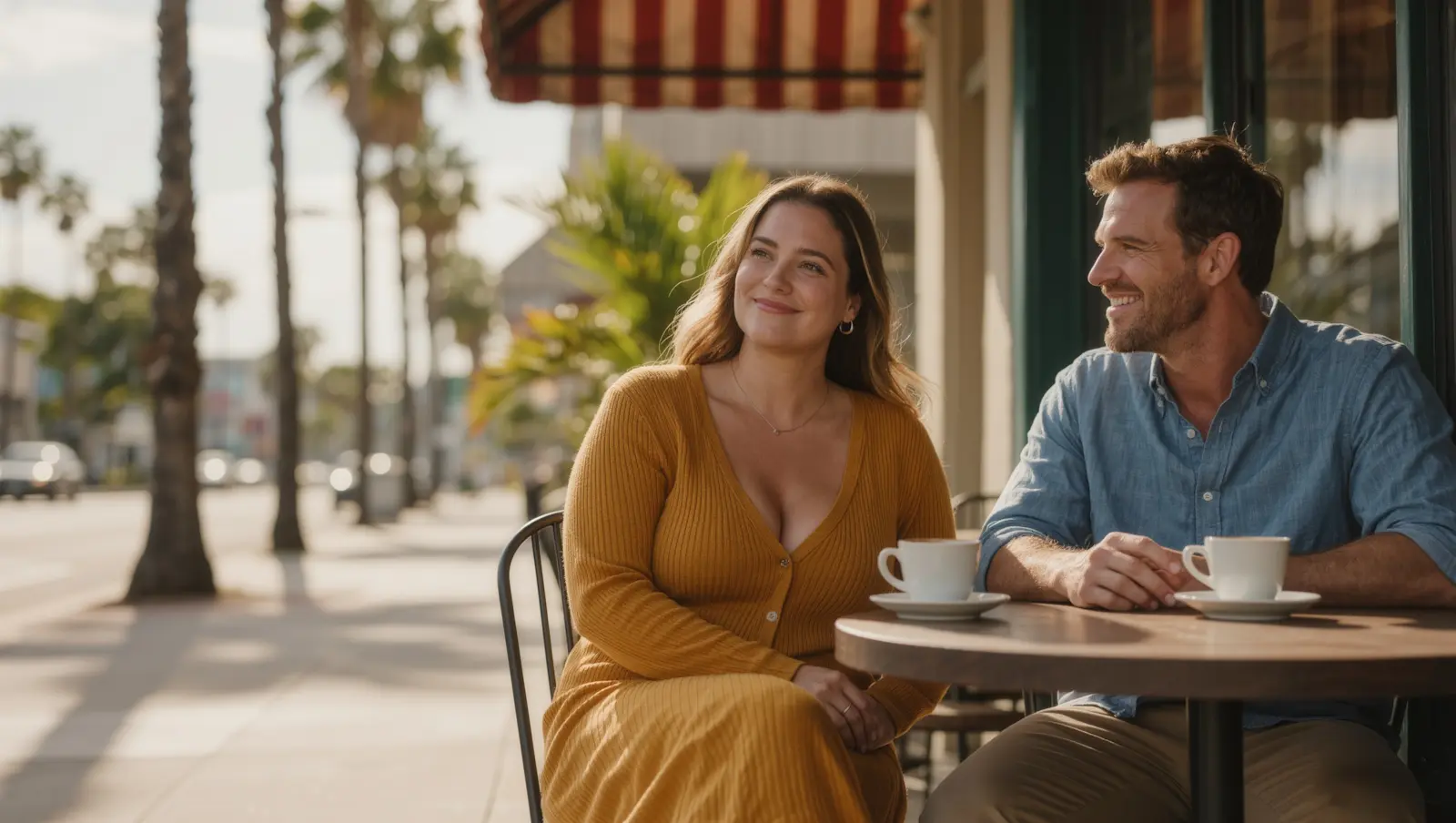 A woman in a mustard cardigan and a man in a denim shirt having coffee at a sunny outdoor cafe table on a palm-lined street