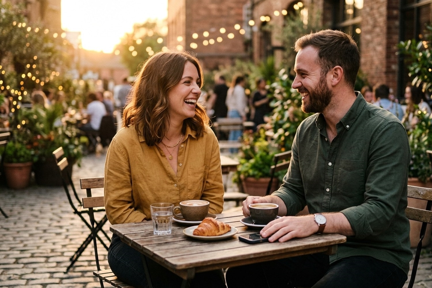 Two people laughing together over coffee, phones with dating app profiles visible on the table