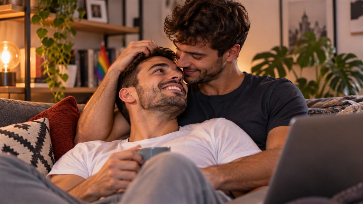 Pareja de hombres gay abrazados al atardecer con una ciudad de fondo