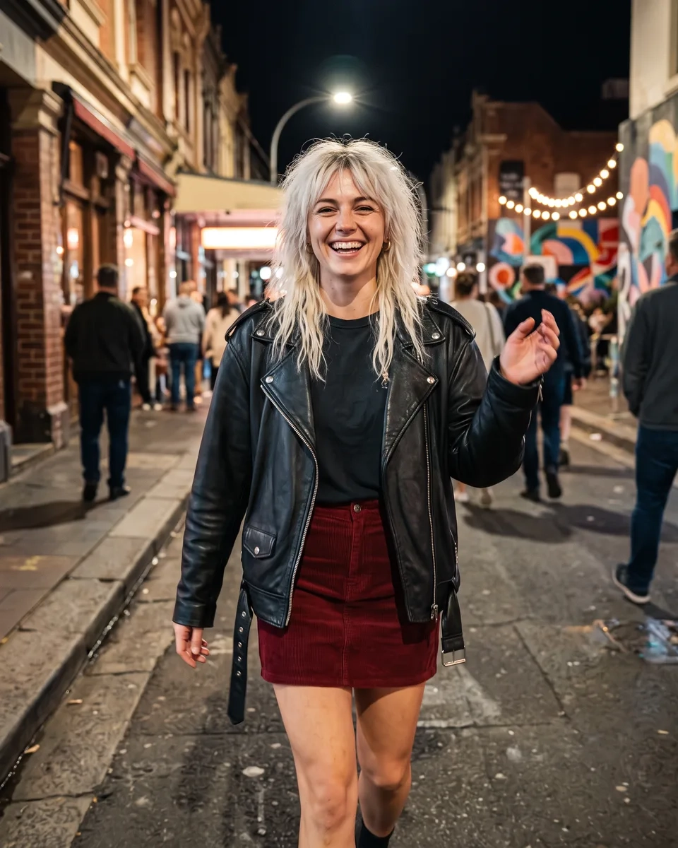 A woman with a platinum blonde shag haircut in a leather jacket and red mini skirt walks laughing along a lit high street in Newtown, Sydney, at night (AI-generated image)
